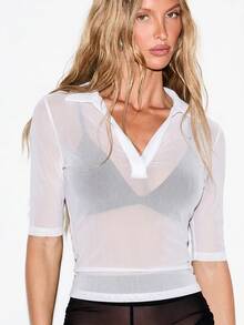 KIZN Sheer Mesh Polo Collar V-Neck Top With Half Sleeves - Semi-Transparent Fitted Layer For Spring Summer Party Nights - White - View 1
