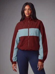 MISSGUIDED Color Block Full Zip Track Jacket With Mock Neck And Elasticated Cuffs Perfect For Fall Layering And Casual Outings - Burgundy - View 1