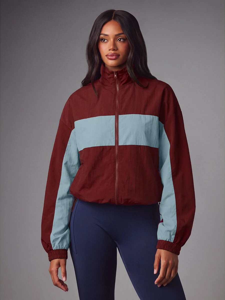 MISSGUIDED Color Block Full Zip Track Jacket With Mock Neck And Elasticated Cuffs Perfect For Fall Layering And Casual Outings - Burgundy - View 1