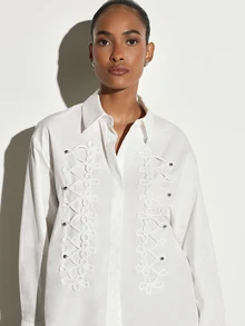 KSTM Oversized White Button-Front Collared Shirt With Decorative Cord Embroidery And Silver Stud Details Long Sleeve Relaxed Fit Spring Blouse - White - View 5