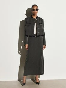KSTM Cropped Military Jacket With Stand Collar Gold Buttons Black Contrast Trim And Patch Pockets Tailored Structured Winter Outerwear - Dark Grey - View 3