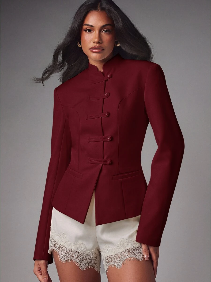 MISSGUIDED Mandarin Collar Blazer Jacket With Frog Button Closure And Structured Tailored Fit For Fall Winter Office Occasions - Burgundy - View 1