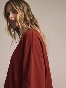 KSTM Oversized Boxy Crew Neck T-Shirt With Elbow Length Sleeves Solid Cotton Casual Relaxed Fit Drop Shoulder Top - Burgundy - View 3