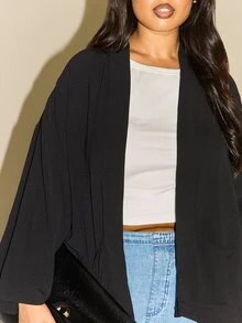 FASHION SZN Plus Size Edge To Edge Kimono Trending Item Kimono Sleeve Chic Classy Simple Black Curve Top Transitional Dressing Autumn Winter New Season Wardrobe Staple Everyday Layering Piece Wear To Work Fall Clothes For Women - Black - View 5