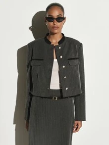 KSTM Cropped Military Jacket With Stand Collar Gold Buttons Black Contrast Trim And Patch Pockets Tailored Structured Winter Outerwear - Dark Grey - View 4
