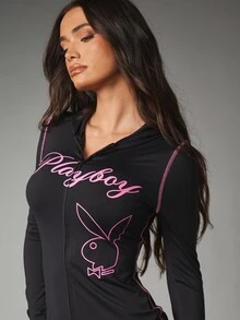 Missguided x Playboy Bunny Logo Long Sleeve Zip-Up Mini Bodycon Dress With Contrast Pink Stitching And Front Graphic Print - Black - View 4