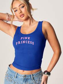 MISSGUIDED Ribbed Crop Tank Top With Pink Princess Graphic Print, Scoop Neck, Summer Festival Sleeveless Cropped Vest - Blue - View 6
