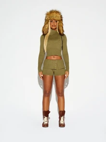 SUMWON WOMEN Ribbed Knit Crop Sweater Top With Collared Neckline Button Detail And Long Fitted Sleeves Fall Winter Essential - Army Green - View 2