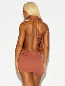 SUMWON WOMEN High Neck Sleeveless Bodycon Mini Dress With Deep Cut-Out Detail And Elastic Waist Blouson Top Party Night Out Summer - Coffee - View 5