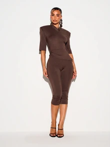 KIZN V-Neck Structured Shoulder Fitted Top With Elbow Length Sleeves And Ruched Waist Detail Fall Winter Essential - Brown - View 4