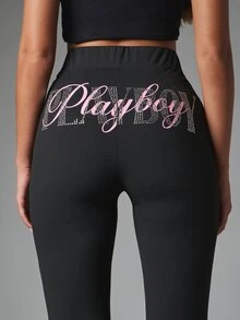 Missguided x Playboy Rhinestone Logo High Rise Flared Leggings With Pink Script Bum Print Wide Waistband Full Length Bell Flare Hem - Black - View 4
