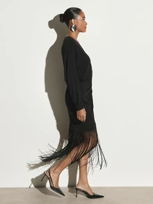 KSTM Deep Plunge V-Neck Ruched Midi Dress With Batwing Long Sleeves And Dramatic Fringe Hem Party Evening Occasion - Black and White - View 4