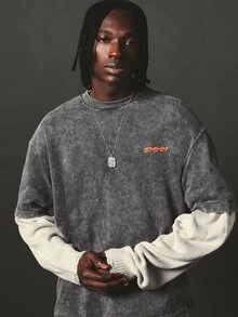 SUMWON Oversized Washed Long Sleeve Crew Neck Tee With Varsity Number 09 Back Graphic Print Street Style Top - Grey - View 4