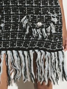 KSTM Tweed Checked Sleeveless Mini Shift Dress With Fringe Hem Detail Crew Neck Boxy Fit Party Holiday Evening Style - Multicolor - View 6