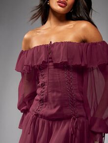 MISSGUIDED Off Shoulder Corset Mini Dress With Ruffle Trim Lace-Up Detail And Billowing Long Sleeves - Perfect For Valentine's Day And Holiday Parties - Burgundy - View 4