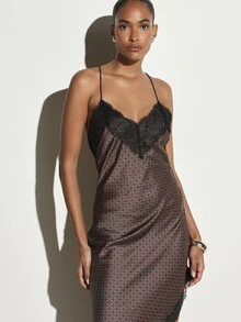 KSTM Geometric Print Satin Slip Dress With Black Lace Trim V-Neck Asymmetric Hem Criss Cross Back Straps Midaxi Length Evening Party Dress - Multicolor - View 4