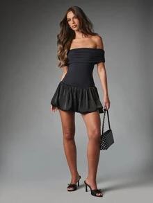 MISSGUIDED Cold Shoulder Ruched Bubble Hem Mini Dress With Satin Skirt Fit And Flare Silhouette Party Holiday Night Out - Black - View 3