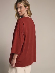 KSTM Oversized Boxy Crew Neck T-Shirt With Elbow Length Sleeves Solid Cotton Casual Relaxed Fit Drop Shoulder Top - Burgundy - View 2