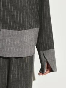 KSTM Pinstripe Oversized Button-Down Collared Shirt With Contrast Cuff And Hem Detail Long Sleeve Relaxed Fit Top - Grey - View 5