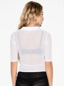 KIZN Sheer Mesh Polo Collar V-Neck Top With Half Sleeves - Semi-Transparent Fitted Layer For Spring Summer Party Nights - White - View 2