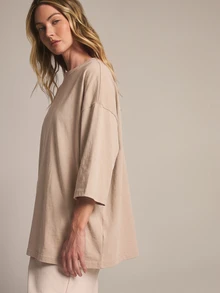 KSTM Camiseta de cuello redondo holgada y cuadrada con mangas de codo y hombros caídos, unicolor, ajuste relajado, esencial de verano para uso diario casual - Crema - Ver 7