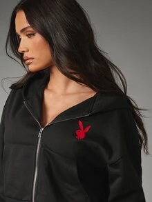 Missguided x Playboy Leopard Print Applique Logo Cropped Sweatshirt Oversized Pullover Long Sleeve Back Graphic Winter Essential - Black - View 4