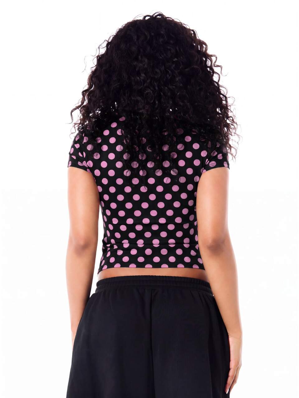 SUMWON WOMEN Polka Dot Crop Slim Fit Tee With Novelty Button Badge Print Crew Neck Short Sleeve Fitted Stretch Top Summer Festival Party