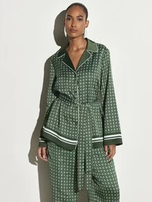 KSTM Geometric Print Satin Pajama Shirt With Notch Collar Contrast Piping Belt Tie And Stripe Hem Detail - Multicolor - View 1