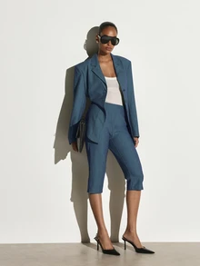 KSTM Pinstripe Cropped Dress Pants High Rise Straight Leg Tailored Capri Trousers Office Smart Formal Spring Summer - Blue - View 2