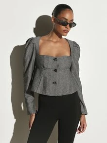 KSTM Cropped Herringbone Blazer With Square Neckline Puff Sleeves And Button Front Closure Fall Winter Tailored Jacket - Multicolor - View 1