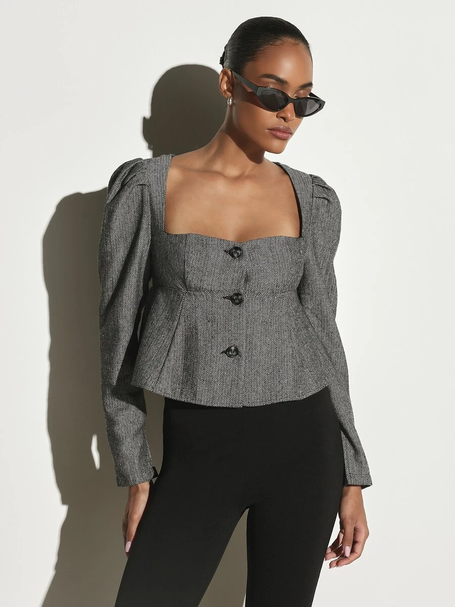 KSTM Cropped Herringbone Blazer With Square Neckline Puff Sleeves And Button Front Closure Fall Winter Tailored Jacket - Multicolor - View 1