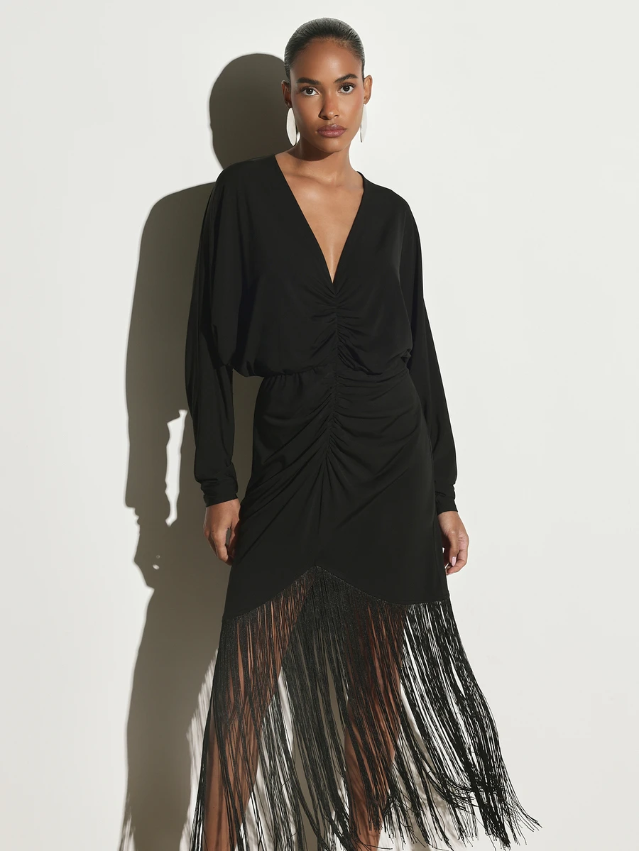 KSTM Deep Plunge V-Neck Ruched Midi Dress With Batwing Long Sleeves And Dramatic Fringe Hem Party Evening Occasion - Black and White - View 1