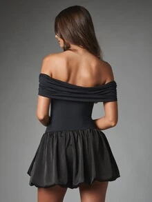 MISSGUIDED Cold Shoulder Ruched Bubble Hem Mini Dress With Satin Skirt Fit And Flare Silhouette Party Holiday Night Out - Black - View 2
