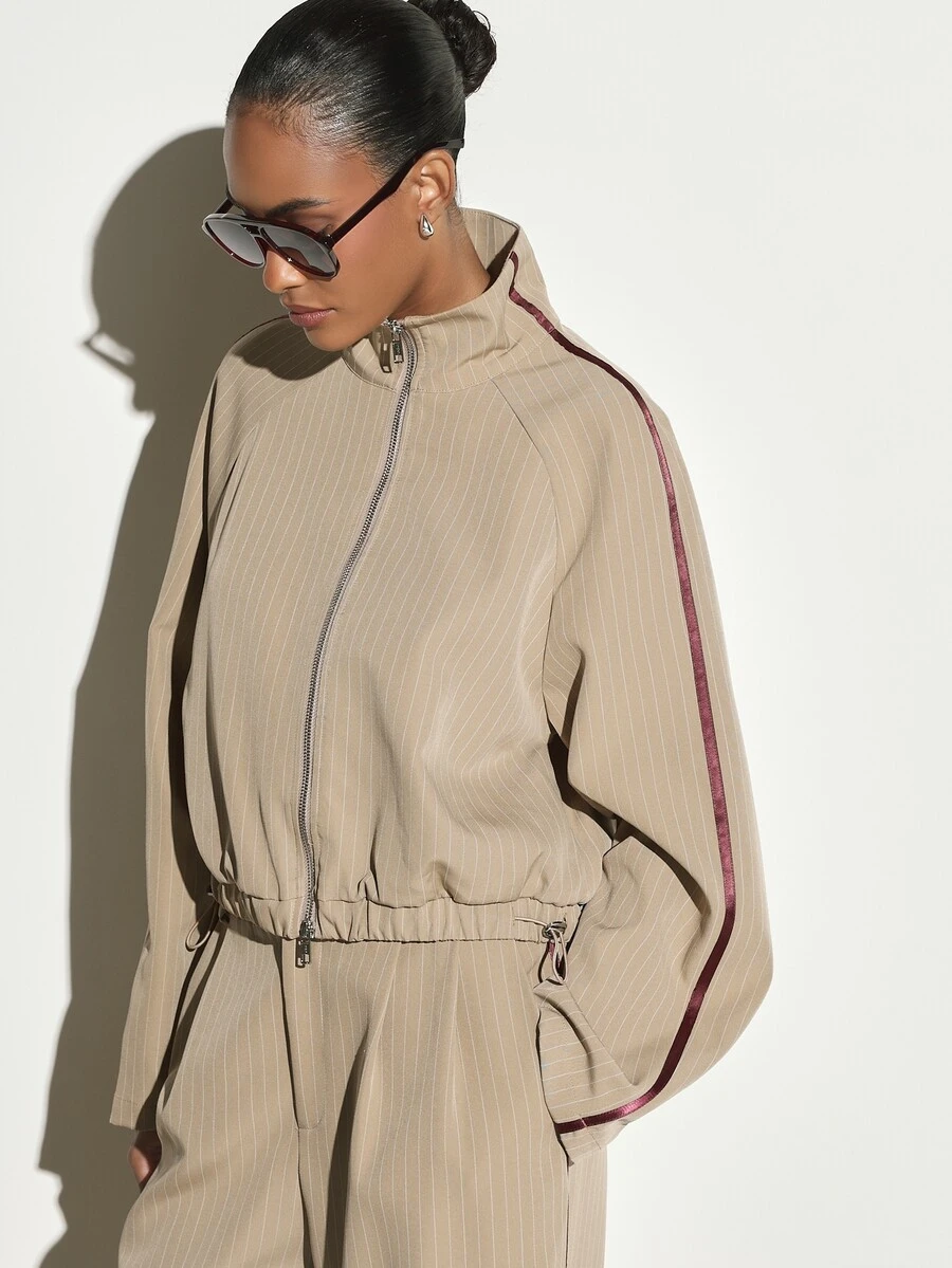 KSTM Pinstripe Zip-Up Track Jacket With Stand Collar Contrast Burgundy Side Stripe Elastic Hem Drawstring Waist Oversized Fit - Multicolor - View 1