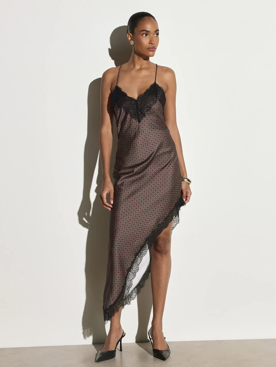 KSTM Geometric Print Satin Slip Dress With Black Lace Trim V-Neck Asymmetric Hem Criss Cross Back Straps Midaxi Length Evening Party Dress - Multicolor - View 1