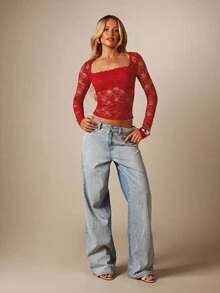 MISSGUIDED Floral Lace Square Neck Crop Top With Long Sheer Sleeves Scalloped Hem Valentine Date Night Night Out - Red - View 5