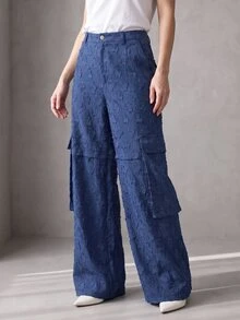 Rouah Women's Textured Cargo Pocket Straight Leg Loose Fit Pants - Autumn Pants, Fall Pants, Textured Pants For Autumn, Wide Leg Pant, Wide Leg Texture Trouser For Autumn - Blue - View 6