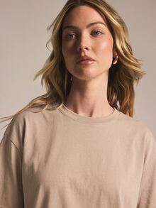 KSTM Camiseta de cuello redondo holgada y cuadrada con mangas de codo y hombros caídos, unicolor, ajuste relajado, esencial de verano para uso diario casual - Crema - Ver 6