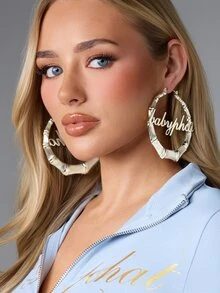 BABYPHAT Anting Lingkaran Bambu dengan Logo, Huruf Kaligrafi Besar, Tekstur Tebal, Warna Perak, Hadiah untuk Pesta dan Liburan - Perak - View 4