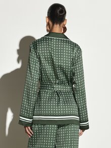 KSTM Geometric Print Satin Pajama Shirt With Notch Collar Contrast Piping Belt Tie And Stripe Hem Detail - Multicolor - View 2