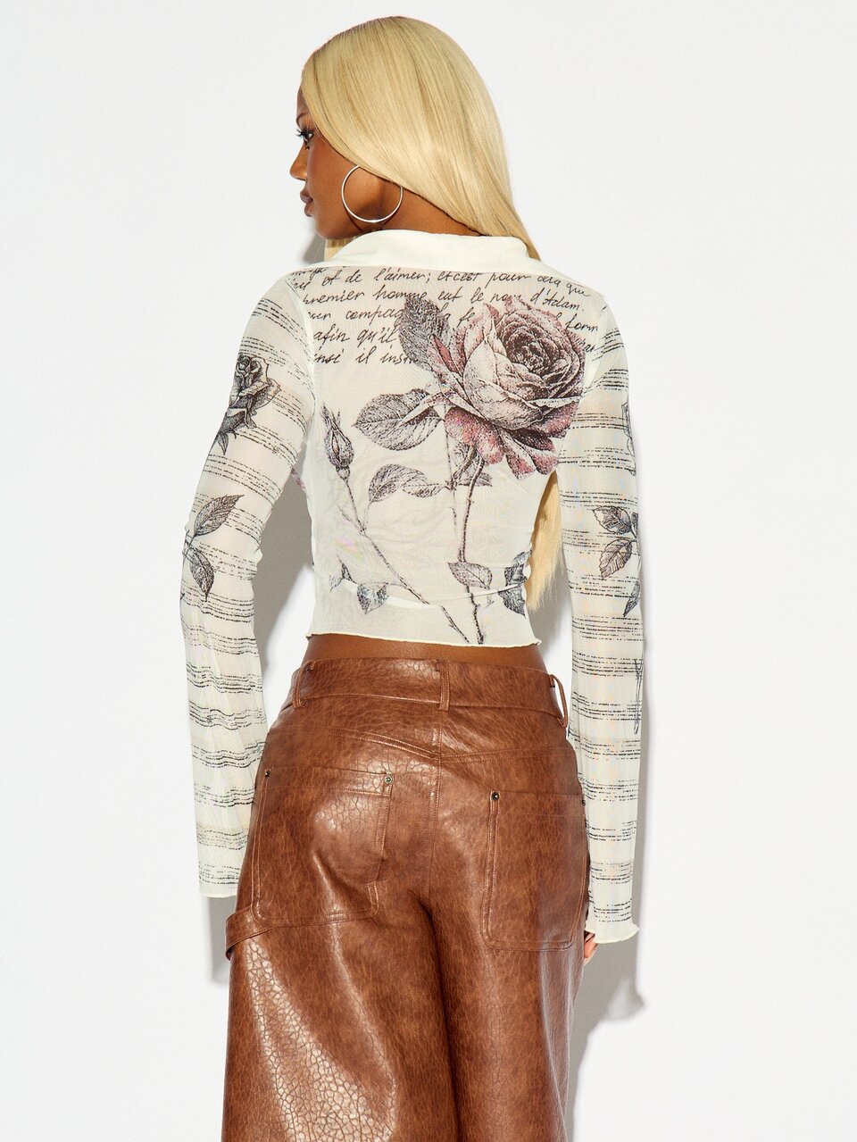 SUMWON WOMEN Floral Rose Print Mesh Crop Blouse With Collared Neckline Long Bell Sleeves And Button Front Closure Script Text Detail