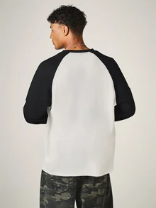 SUMWON Established 2023 Raglan Long Sleeve Tee With Contrast Black Sleeves Crew Neck Chest Graphic Print - Black and White - View 2