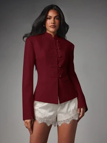 MISSGUIDED Mandarin Collar Blazer Jacket With Frog Button Closure And Structured Tailored Fit For Fall Winter Office Occasions - Burgundy - View 4