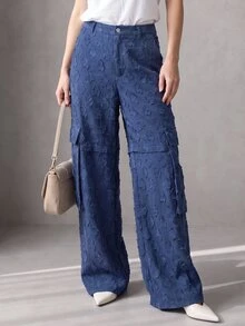 Rouah Women's Textured Cargo Pocket Straight Leg Loose Fit Pants - Autumn Pants, Fall Pants, Textured Pants For Autumn, Wide Leg Pant, Wide Leg Texture Trouser For Autumn - Blue - View 7