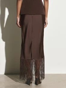 KSTM Rok Pensil Maxi Satin dengan Detail Rumbai di Bagian Bawah, Siluet Bodycon Pinggang Tinggi, Cocok untuk Pesta Malam, Liburan, dan Acara Lainnya. - Hitam - View 4