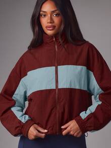 MISSGUIDED Color Block Full Zip Track Jacket With Mock Neck And Elasticated Cuffs Perfect For Fall Layering And Casual Outings - Burgundy - View 4