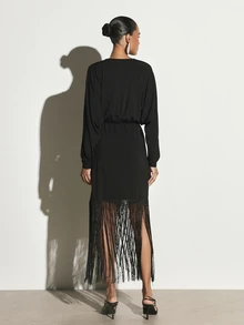 KSTM Deep Plunge V-Neck Ruched Midi Dress With Batwing Long Sleeves And Dramatic Fringe Hem Party Evening Occasion - Black and White - View 3