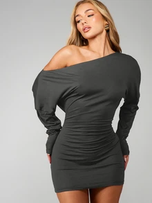 MISSGUIDED One Shoulder Mini Dress With Long Sleeves And Ruched Bodycon Fit Perfect For Party Night Out And Holiday Season - Dark Grey - View 5