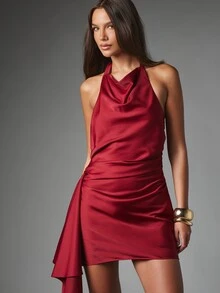 MISSGUIDED Satin Halter Neck Mini Dress With Ruched Waist Detail And Draped Skirt Party Evening Holiday Season - Burgundy - View 4