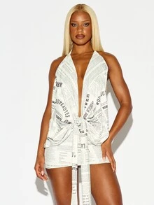 SUMWON WOMEN Newspaper Print Halter Neck Mini Dress Deep Plunge Tie Knot Front Summer Party Festival Wrap Silhouette - Black and White - View 3